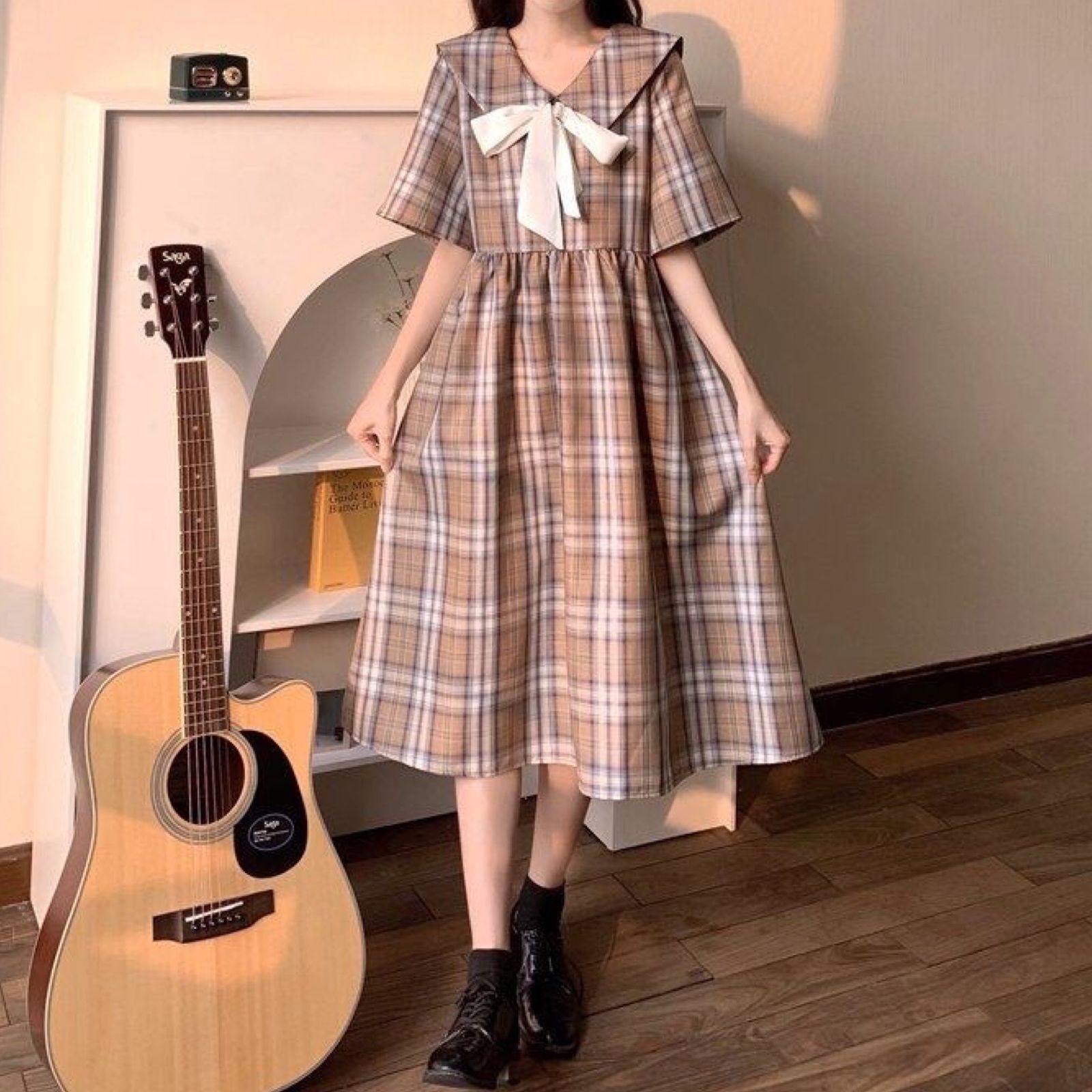 セーラー風 Aライン シャツワンピース レトロ格子柄 ガーリー 61239a47620e8df551fd7f9abff89b