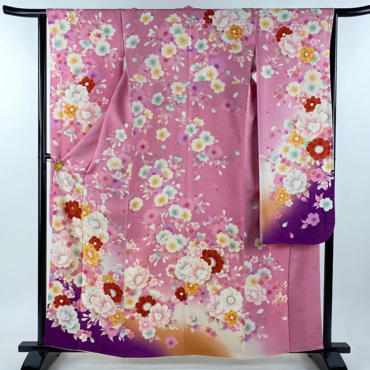 振袖 身丈162cm 裄丈64cm M 袷 桜 花びら 金糸 銀通し ピンク 正絹