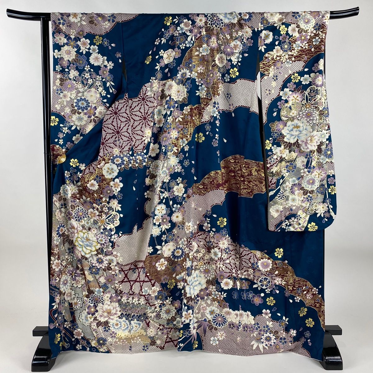 振袖 身丈166.5cm 裄丈68cm L 袷 牡丹 桜 金彩 箔 青緑 正絹 名品
