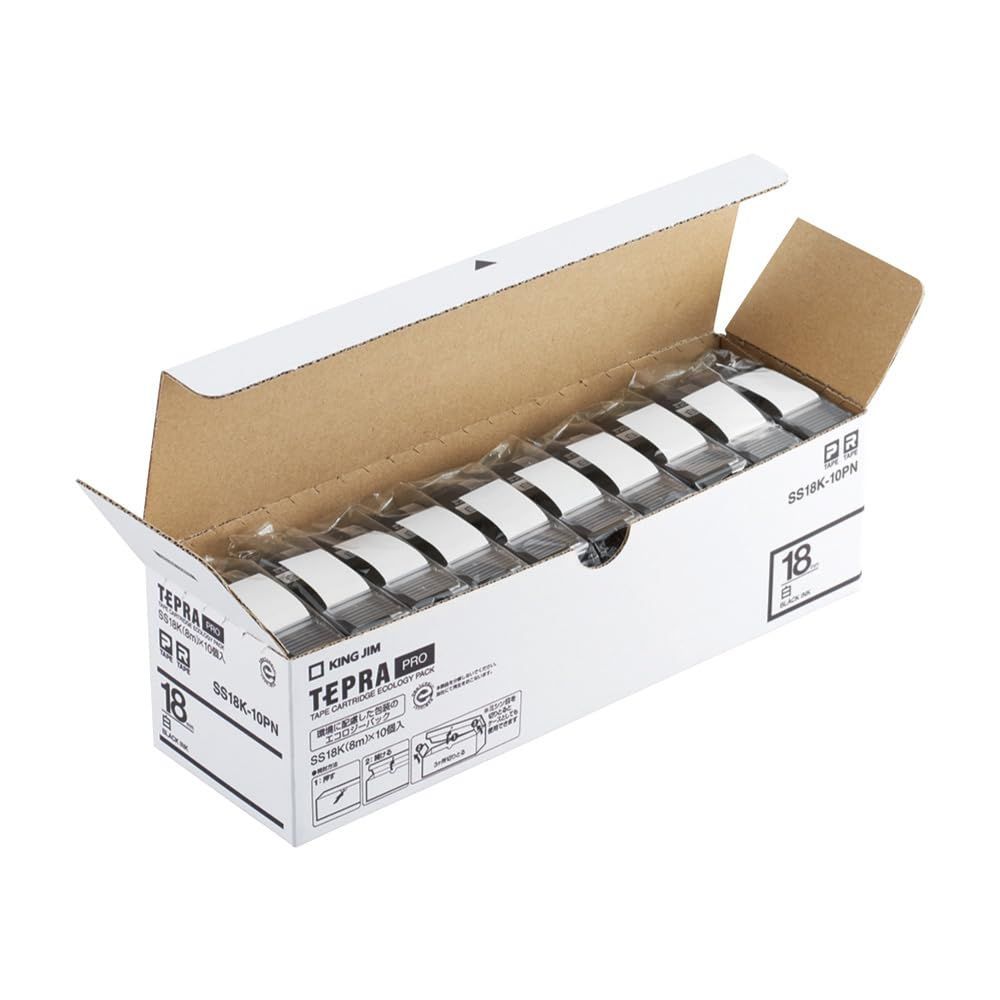 キングジム 純正 テプラPROテープカートリッジ エコパック10個入 18mm 白ラベル|黒文字 長さ8m SS18K-10PN