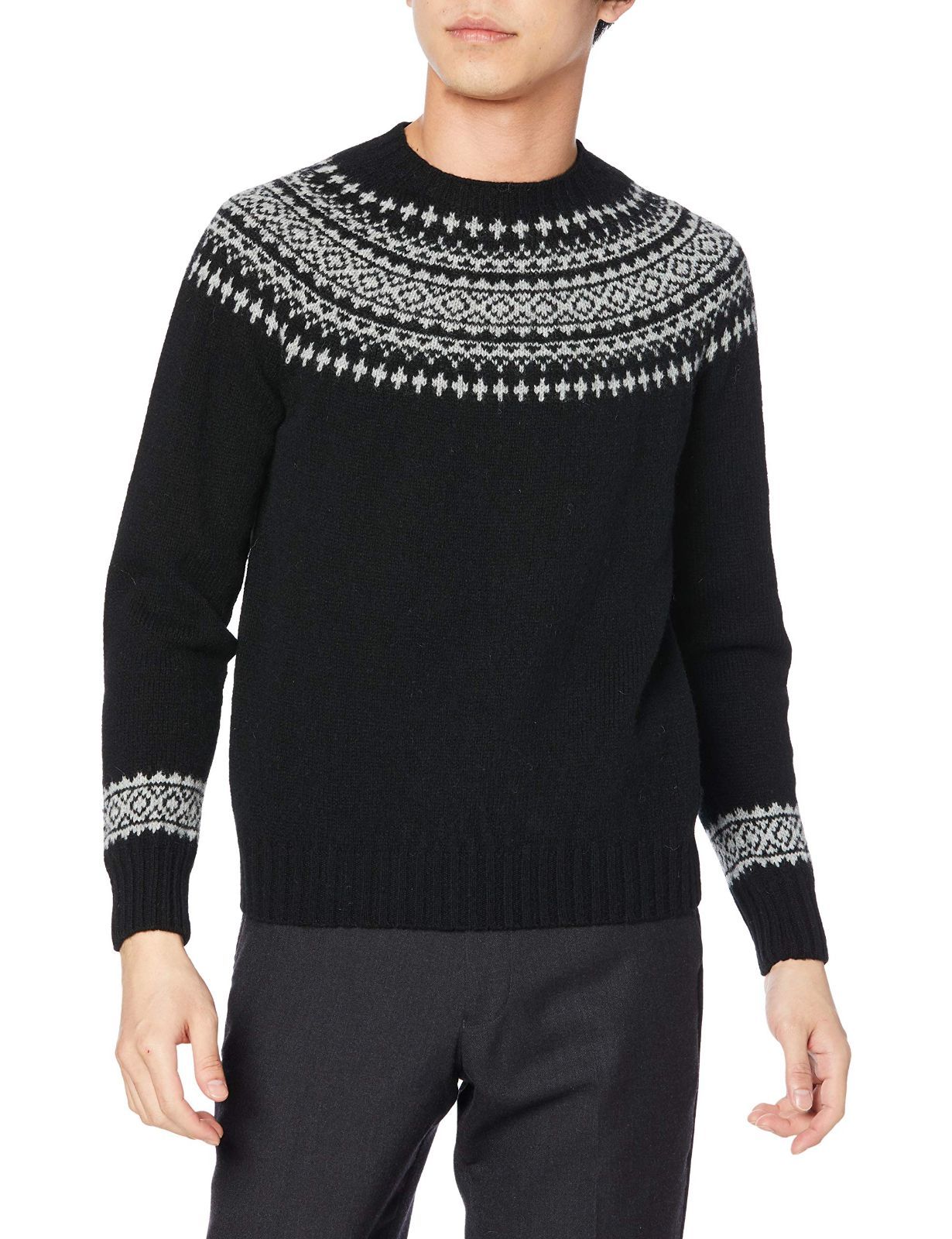 Size 36_Color ブラック|シルバー ハーレーオブスコットランド セーター YOKE PATTERN CREW NECK SWEATER メンズ Black|Silver UK 36 日本サイズS相当