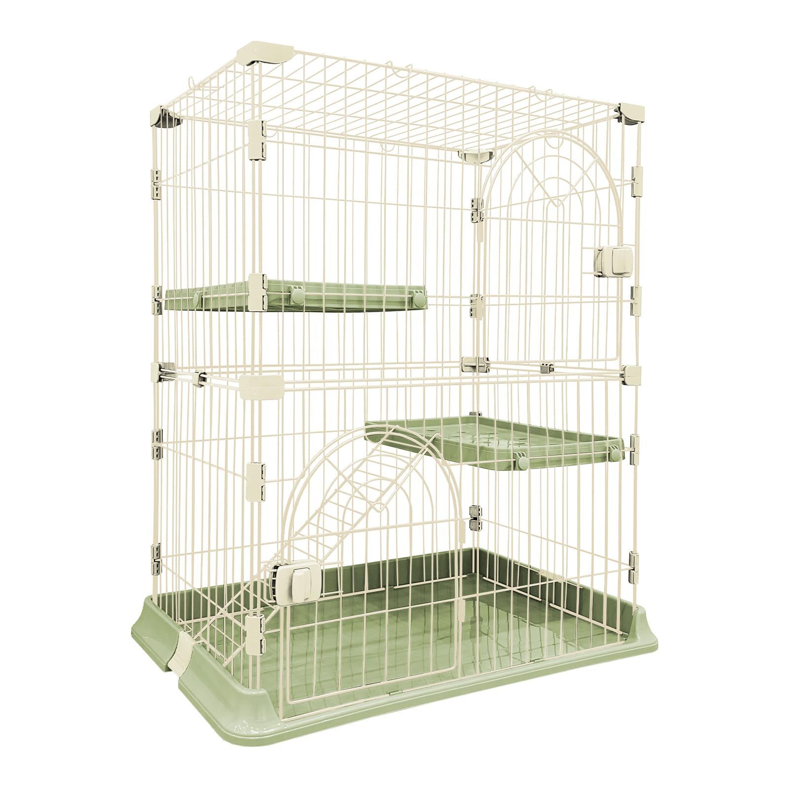 商品 猫ケージ キャットケージ スリム 大型 小型 一段 二段 三段 ペットケージ 組み立て簡単 ワイド扉付き 脱走防止 保護ネコ コンパクト おしゃれ 日本語説明書 頑丈 耐荷重10kg グリーン 二段