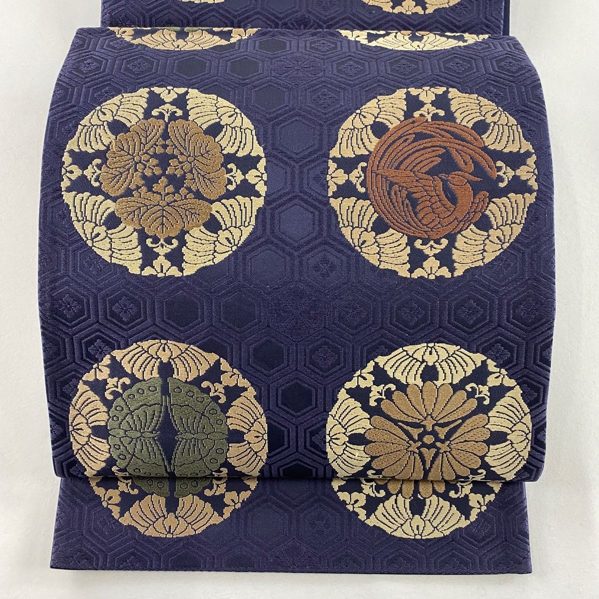 袋帯 美品 名品 花鳥 亀甲 唐織 濃紫 六通 正絹 【】