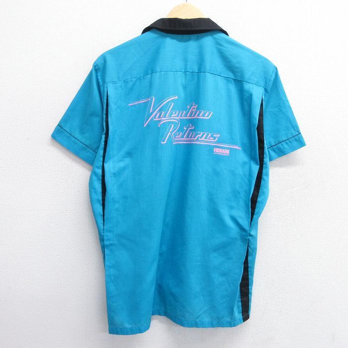 M|古着 ヒルトン 半袖 ボウリング シャツ メンズ 80s Valentino Returns 開襟 オープン 青緑 spe 25apr22 トップス