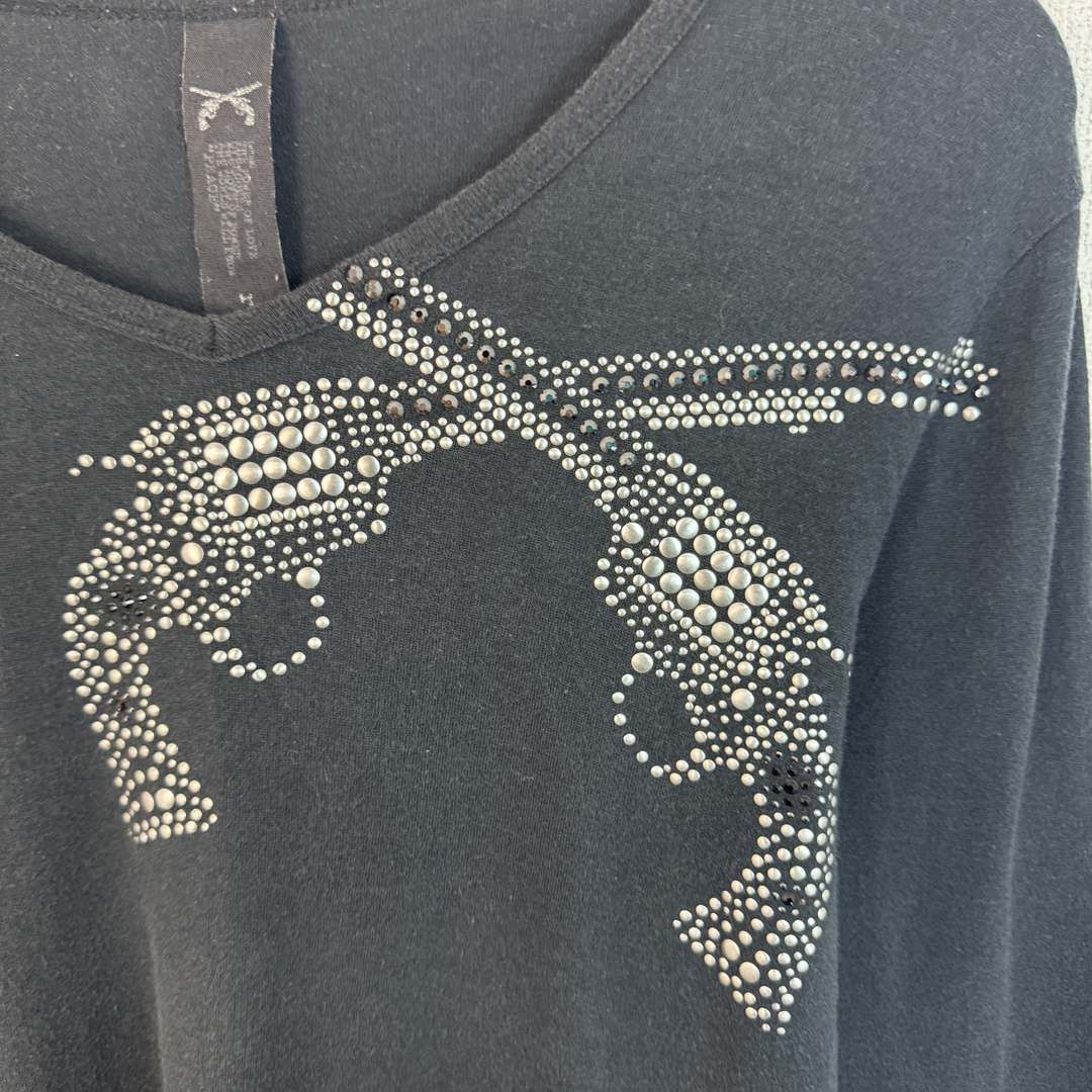 roar ロアー Vネック 長袖Tシャツ ラインストーン 二丁拳銃 ブラック