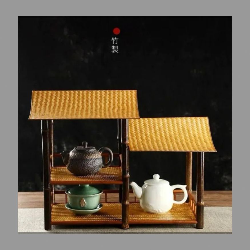 竹製品畳茶棚囲炉裏煮茶禅意梅鹿竹軒置物収納棚双層茶碗棚