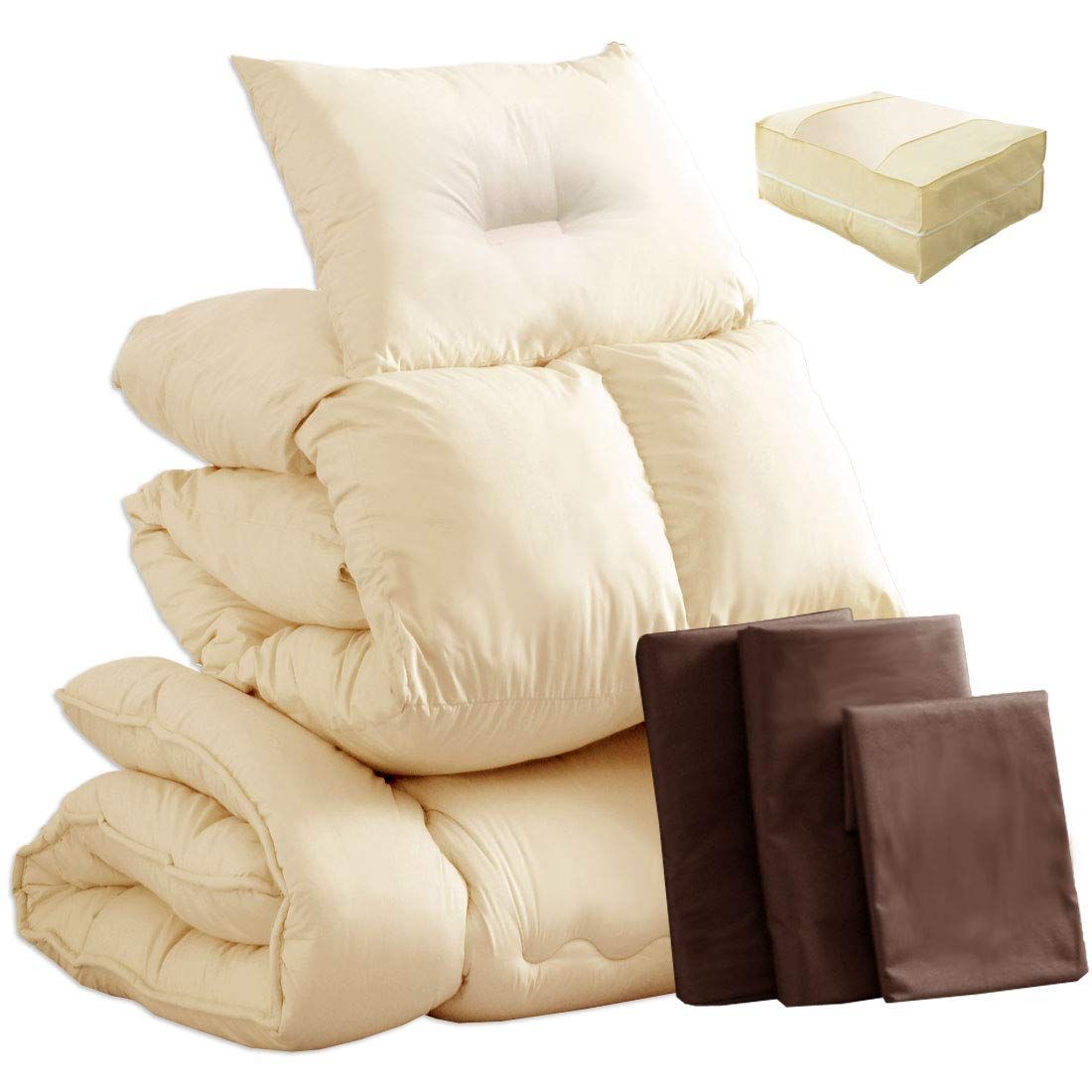 羽根布団 7点セット 首元まで暖か襟丸＆フェザー30％増量 増量2.0kg シングル スモールフェザー100％ 抗菌 防臭 掛け布団 布団セット 敷布団 枕 セット ブラウン タンスのゲン 61190054 30 76221