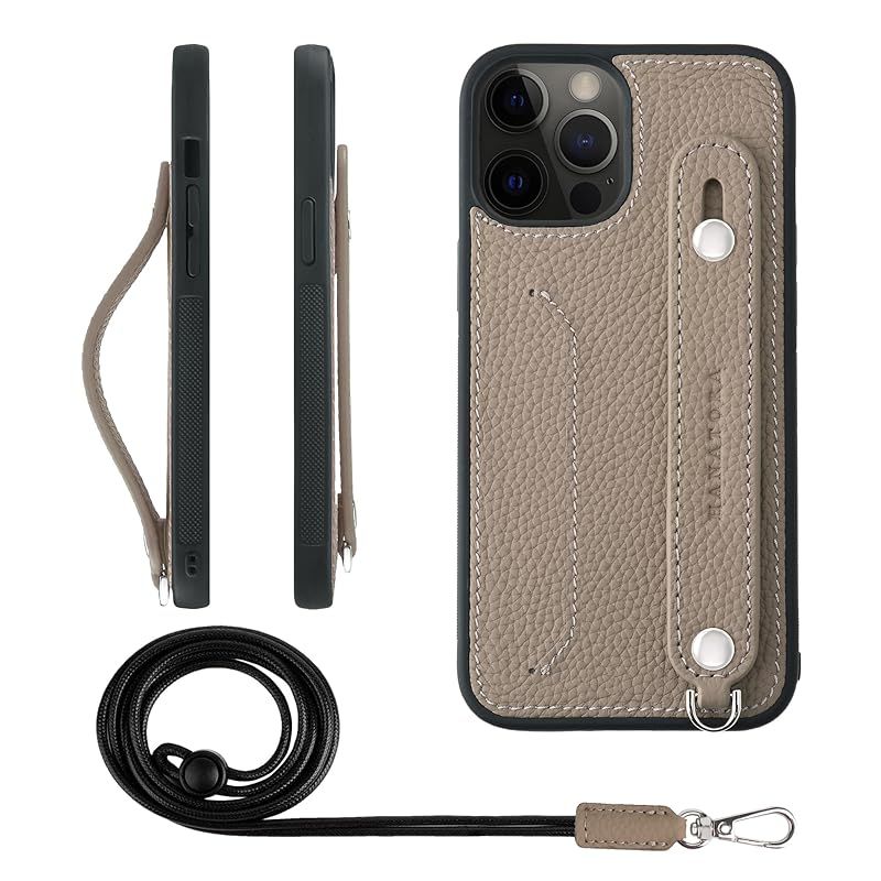 HANATORA iPhone12ProMax ケース 本革 耐衝撃 背面ベルト ストラップリング スマホケース スマホ スタンド機能 ネックストラップ 付き カードポケット シュリンクレザー ギフト グレージュ CGHGZ-12Pro