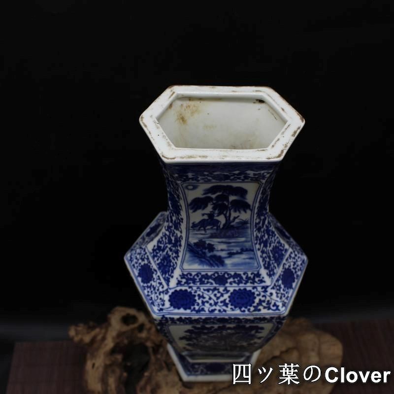 清乾隆青花人物花鳥六方賞瓶 景徳鎮 陶磁器 装飾品 現代工芸品 美術品