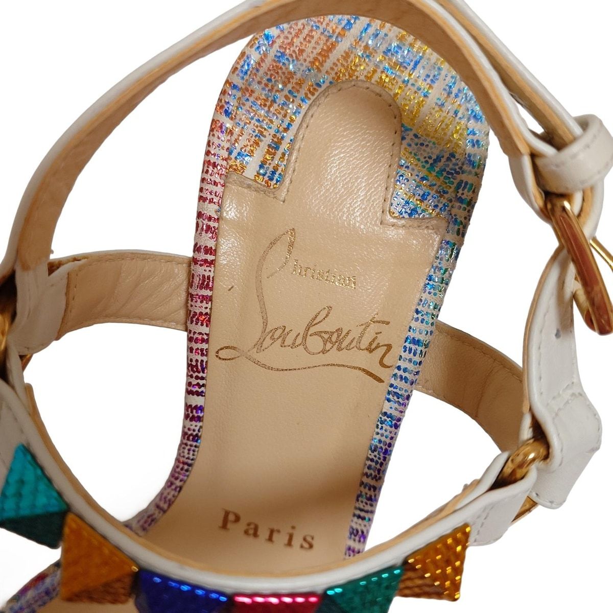 CHRISTIAN LOUBOUTIN クリスチャンルブタン サンダル 35 レディース - 白×ブルー×マルチ スタッズ|ラメ|アウトソール張替済 レザー KIN-KAAI_COM