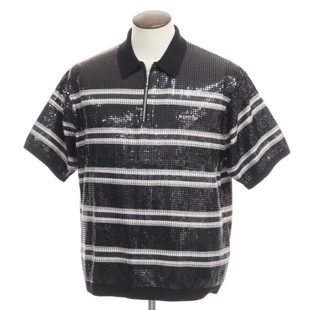 Supreme Sequin Stripe Zip Polo Black L - メンズ