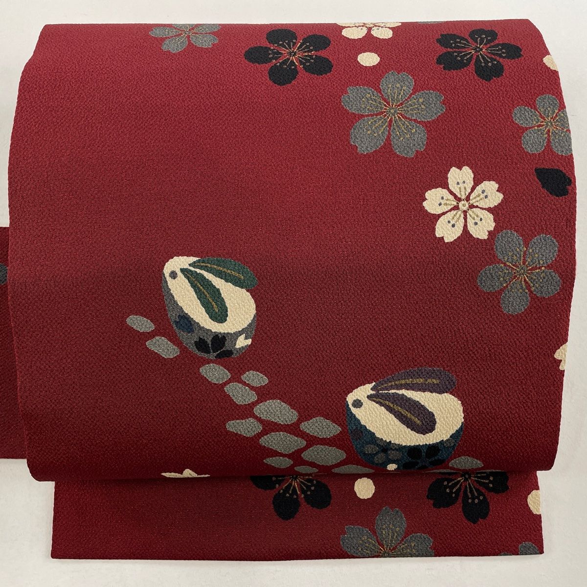 名古屋帯 名品 桜 梅 縮緬 えんじ色 正絹