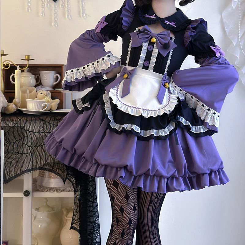 全 誓約メイドデザイン ロリータ洋装 短袖花苞風ワンピース コスプレ 衣装 イベント ハロウィン 推し活 メイド風ファッション サイズ展開 S M L ブルー ブラック パープル ピンク グリーン 手袋 エプロン付き llt48