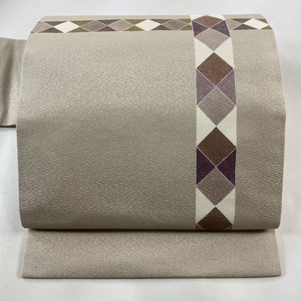 名古屋帯 秀品 幾何学模様 菱 灰茶 正絹