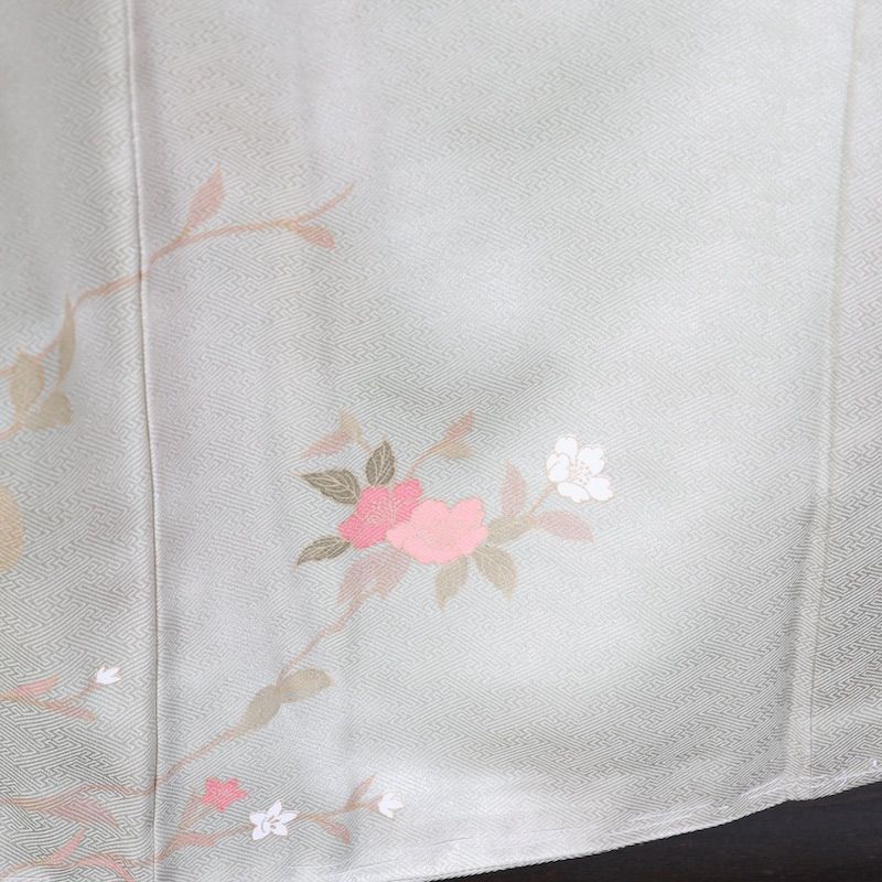 訪問着　新品未使用品　ひわ　珊瑚朱　グリーン　ゴールド　白　花　雪輪　波　京友禅　B836 訪問着 新品未使用品 ひわ 珊瑚朱 グリーン ゴールド 白 花 雪輪 波 京