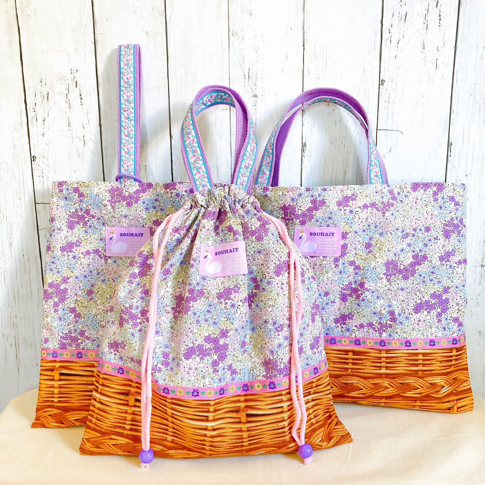 入園・入学　フラワーパープル　レッスンバッグ、上履き入れ、お着替え袋、給食袋