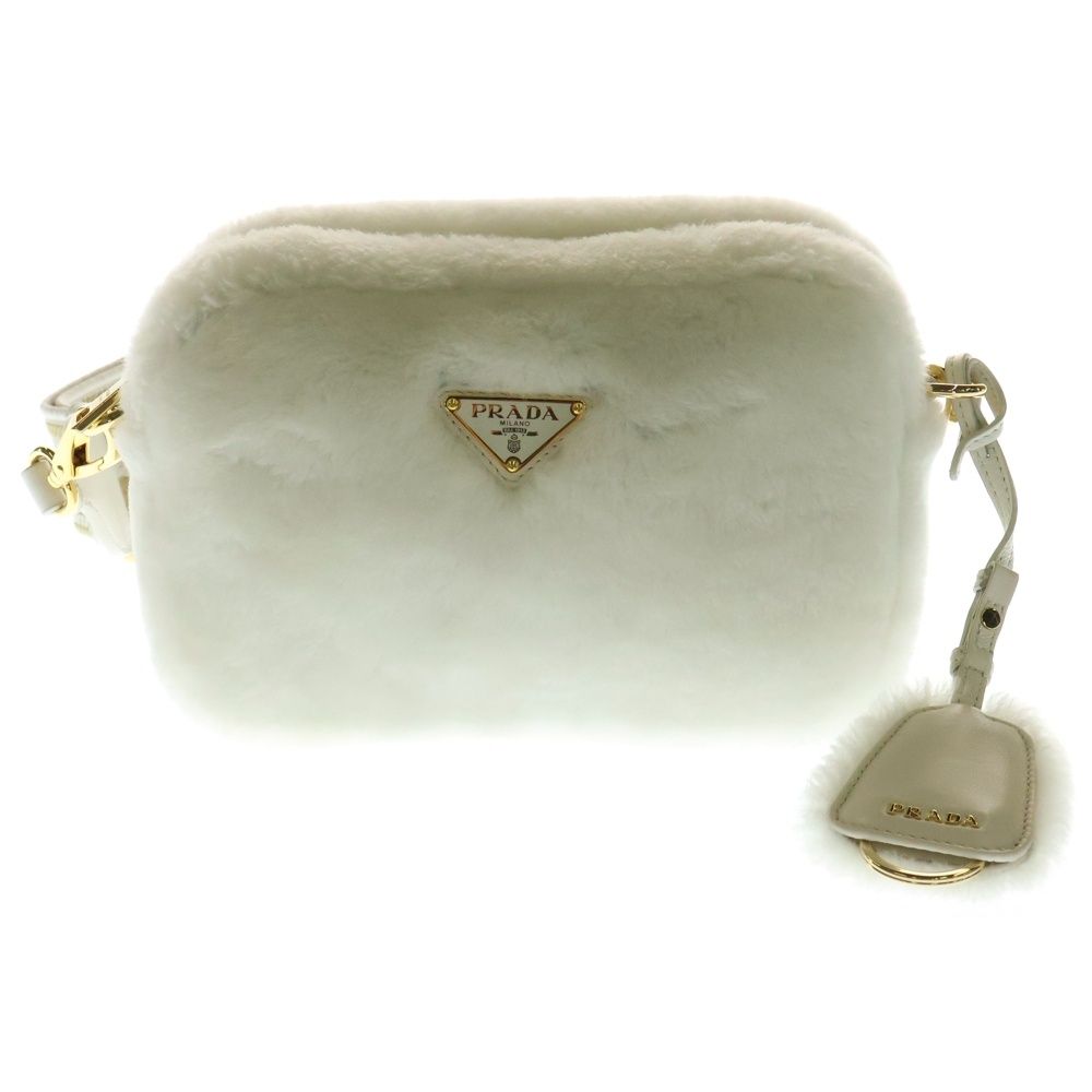 PRADA プラダ シアリング ショルダーバッグ ポーチ ホワイト ゴールド金具 シープファー 1BH192
