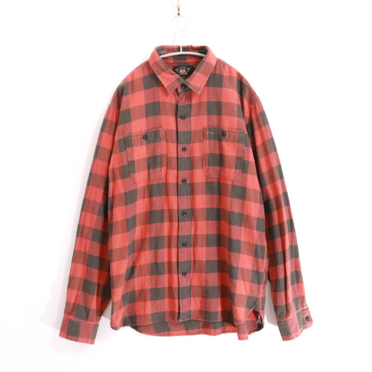 A RRL ダブルアールエル L メンズ 長袖シャツ バッファロー チェック ツイル ワークシャツ 赤 黒 A 古着