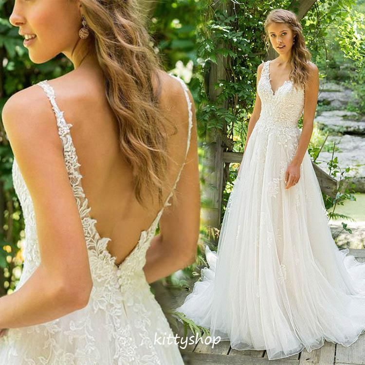 ウエディングドレス ノースリーブ Vネック 結婚式 ワンピース フォーマル 花嫁ドレス 背開き Aライン ホワイトドレス 海外挙式 ロングドレ