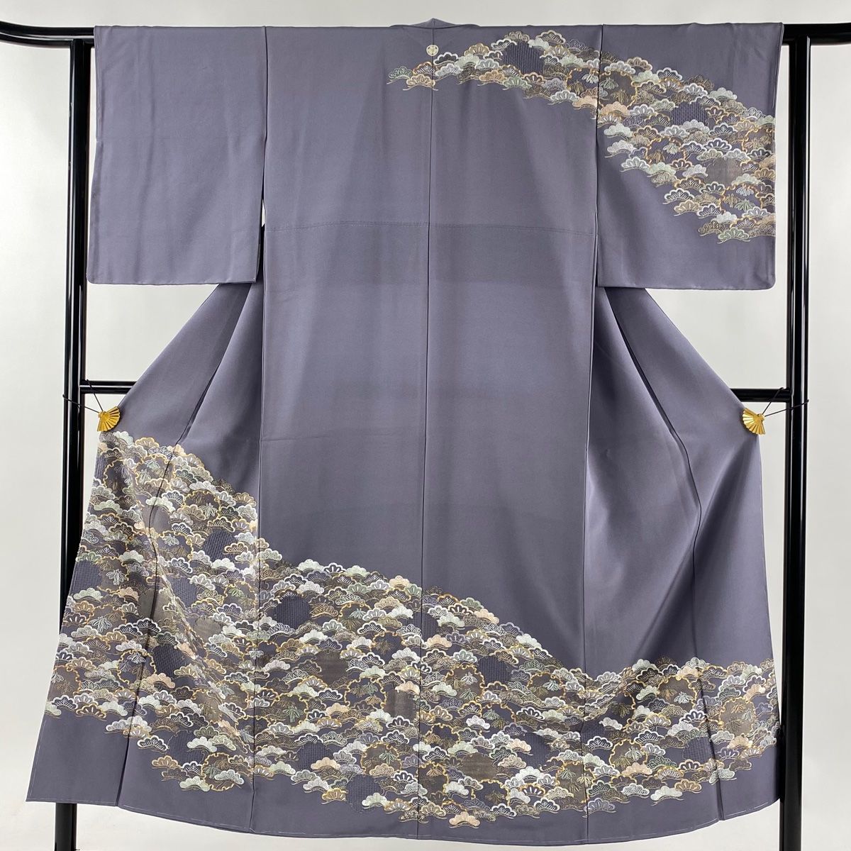 訪問着 身丈150cm 裄丈62cm S 袷 雪輪 笠松 刺繍 金糸 灰紫 正絹 一つ紋