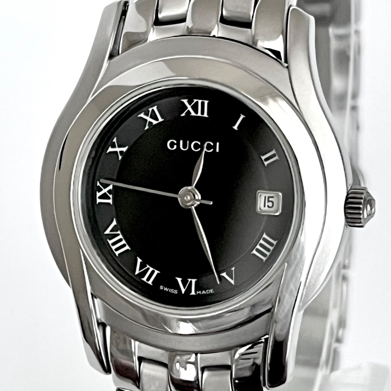 稼働 GUCCI 腕時計 5500L レディース ブラック デイト 1046 グッチ 5500L レディース 腕時計 磨き済み 美品】GUCCI 電池新品
