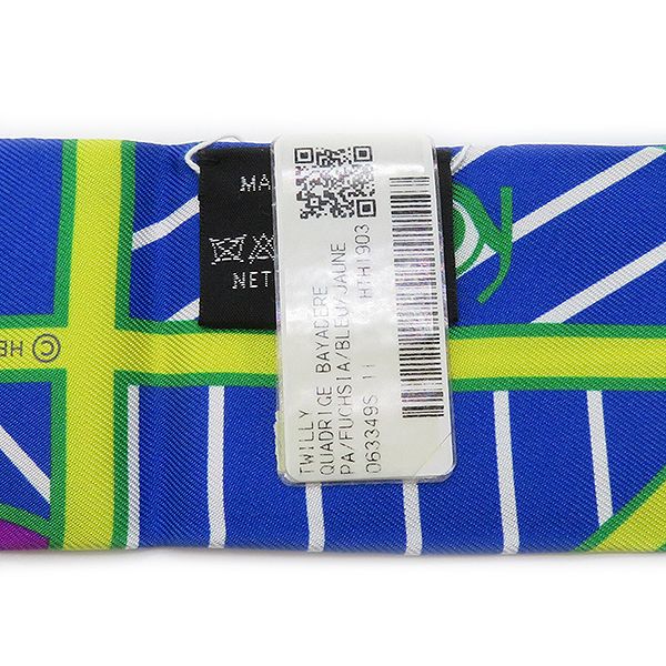 エルメス HERMES ツイリー フューシャ×ブルー×ジョーヌ リボンスカーフ  