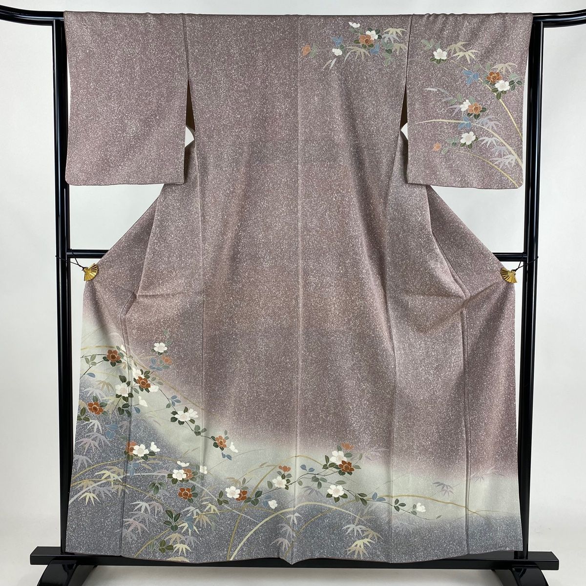 訪問着 身丈158cm 裄丈63cm S 袷 枝花 笹 金彩 ぼかし 薄小豆 正絹 秀品