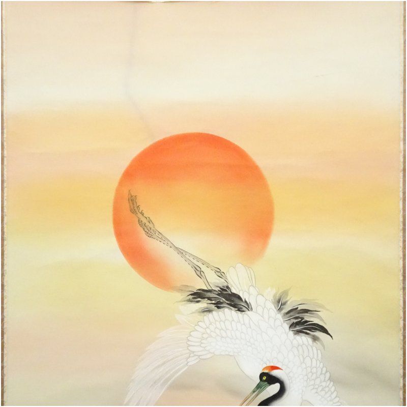 【絹本】肉筆掛け軸花鳥画　細筆画「鶴と松」美術品　絵画　和室　茶室　床の間 絹本】肉筆掛け軸花鳥画 細筆画「鶴と松」美術品 絵画 和室 茶室