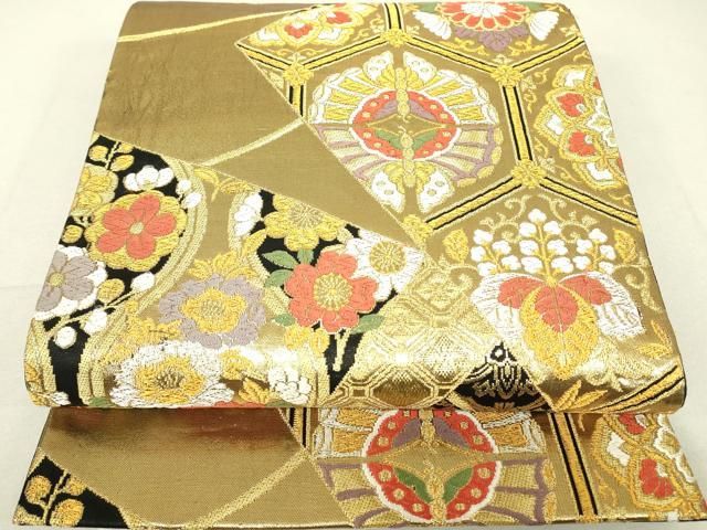 銀糸　正絹　袋帯　唐織　亀甲小花華紋　六通　振袖，留袖など 美品】六通柄袋帯 亀甲文様 銀糸 振袖 黒留袖 色留袖 訪問着