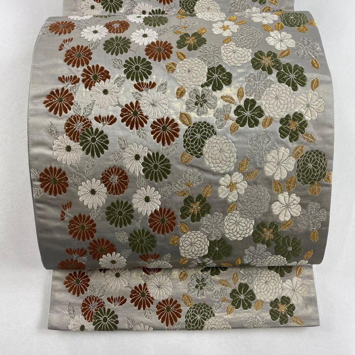 袋帯 名品 唐花織 菊 桜 金銀糸 箔 灰色 六通 正絹 【中古