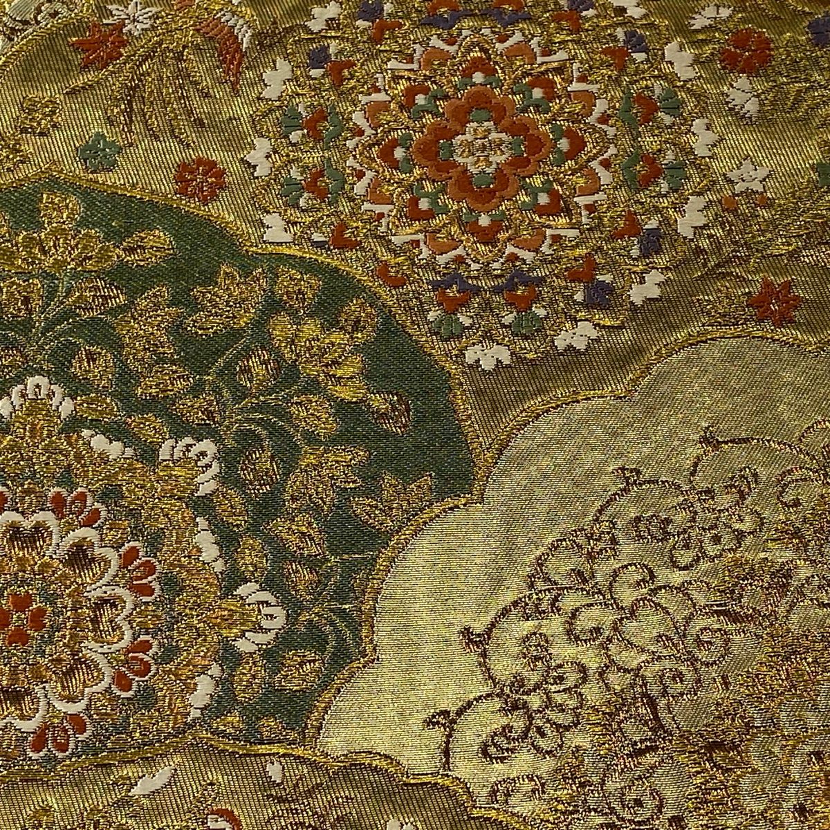 s*引様 美品　綴れ　袋帯　花食鳥　花柄 袋帯 美品 秀品 華文 花鳥 箔 金糸 金色 六通 正絹 【中古