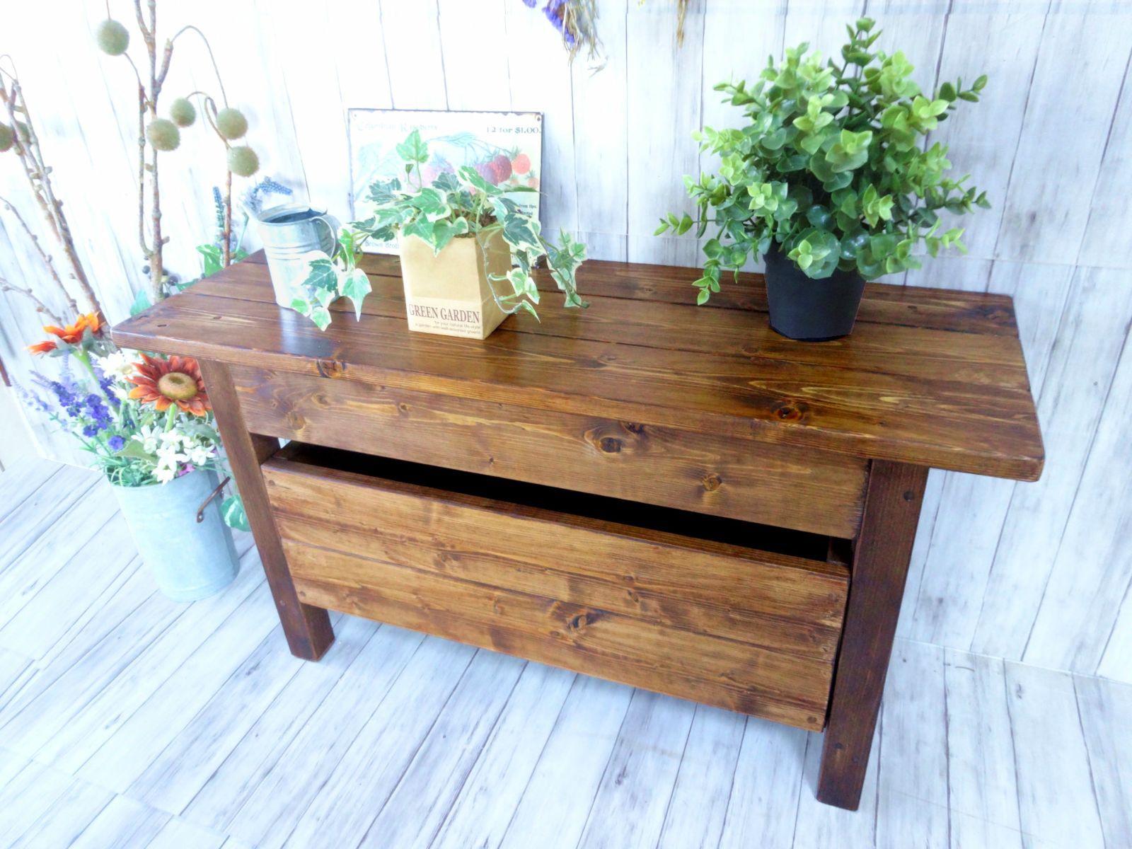 ハンドメイド ショートベンチ 収納ボックス ダークチーク色 MARWIL-DEMENAGEMENTS_CH