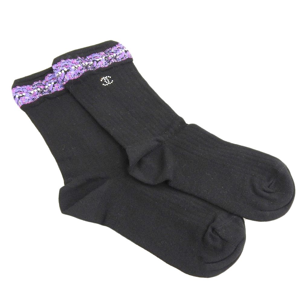 シャネル CHANEL 販売商品 ラインストーン ココマーク ツイード飾り ショート ソックス 23 25 cm