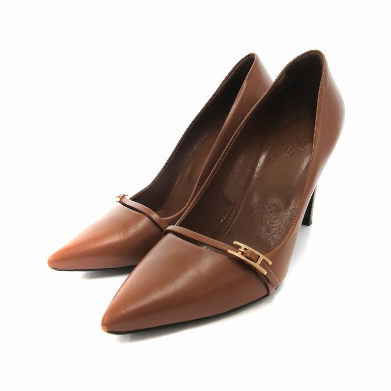 エルメス HERMES アピ パンプス ポインテッドトゥ レザー ピンクゴールド金具 茶 ブラウン |JS IBO66 AA