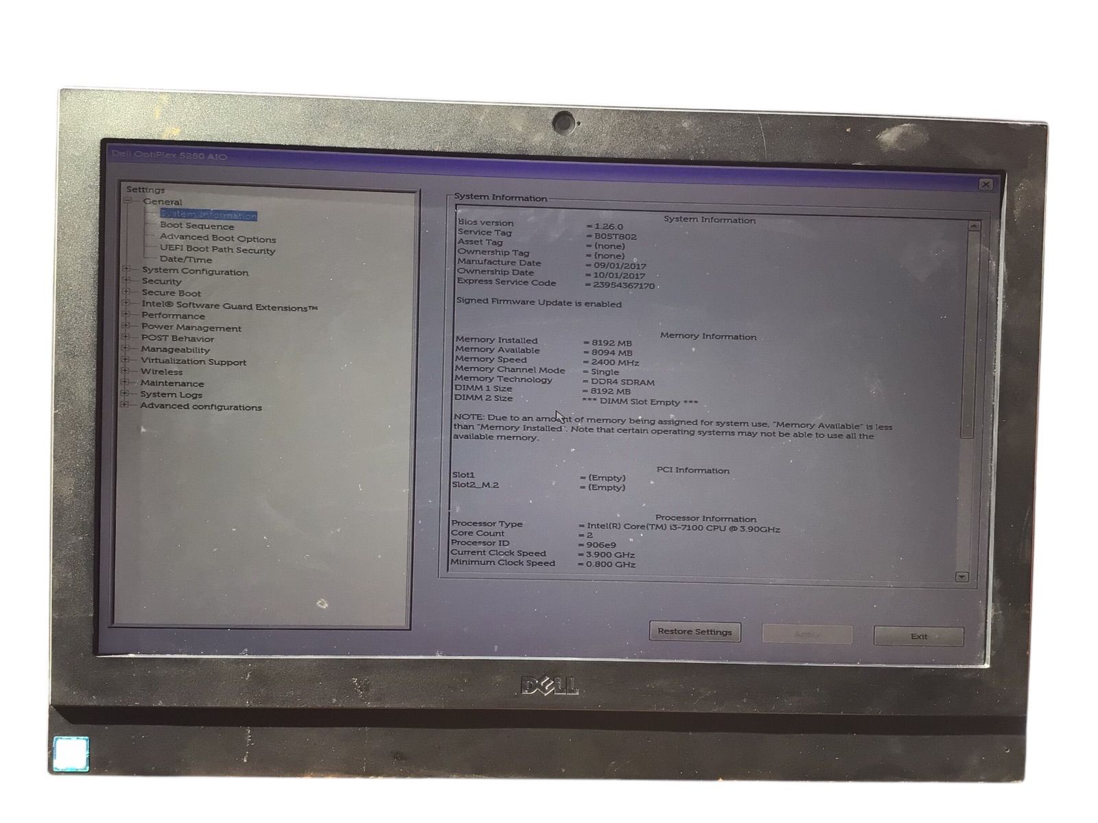 DELL OptiPlex 5250 AIO| CPU CORE i3-7100U| メモリ8192MB|ストレージ無し番号E08