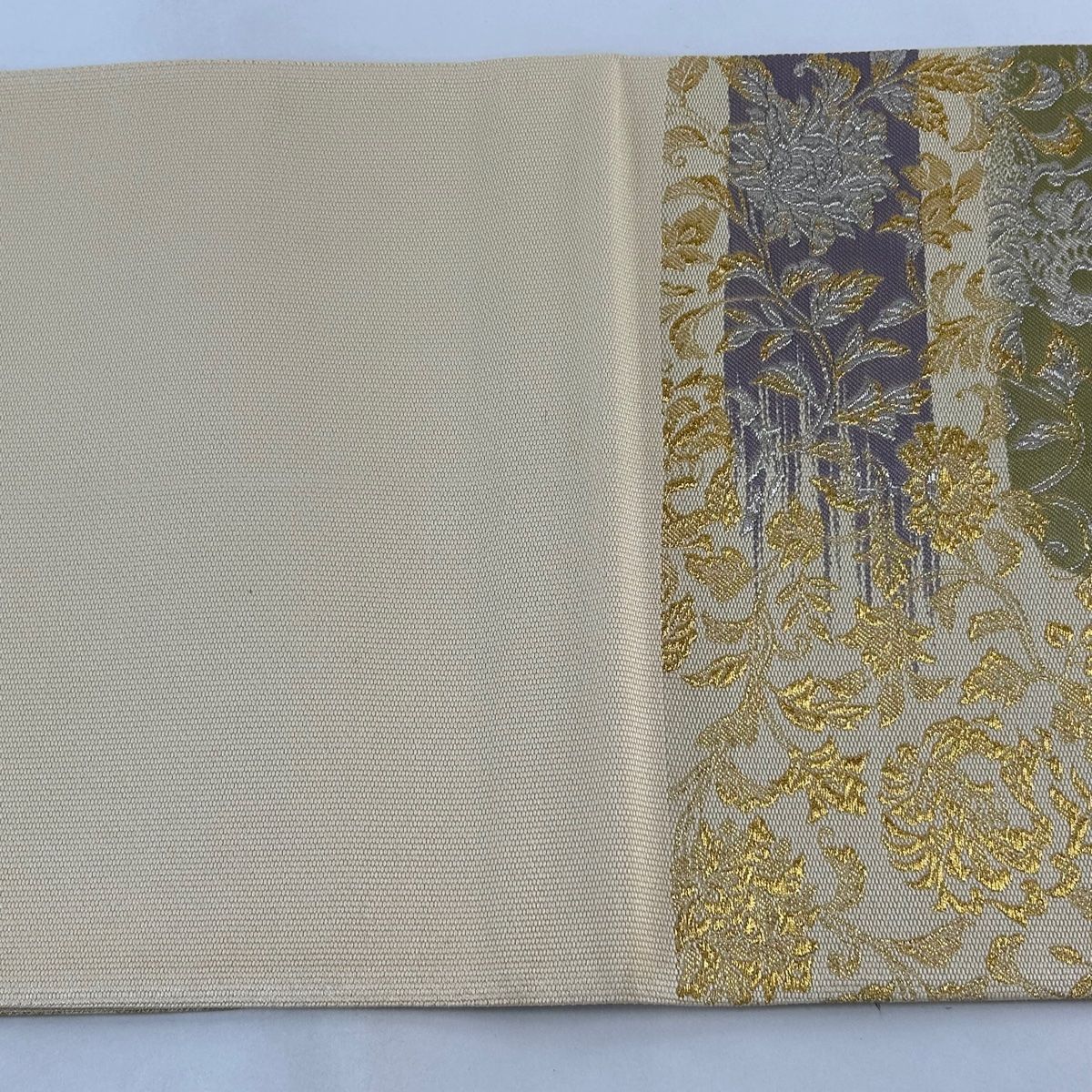 袋帯 変わり織 全通柄 黄茶 緑 薄紫 ピンク 多彩 段霞 中古 kp1724 袋帯 変わり織 全通柄 黄茶 緑 薄紫 ピンク 多彩 段霞 中古