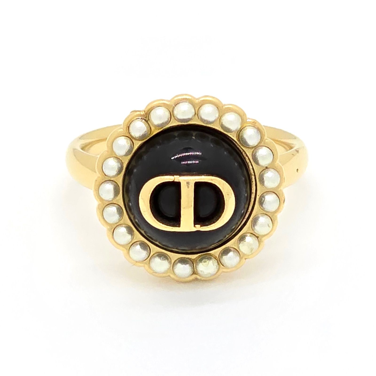 DIOR ディオール Petit CD Baroque リング M 約12号 レジンパール ガラス ゴールドトーンメタル 箱 保存袋 冊子