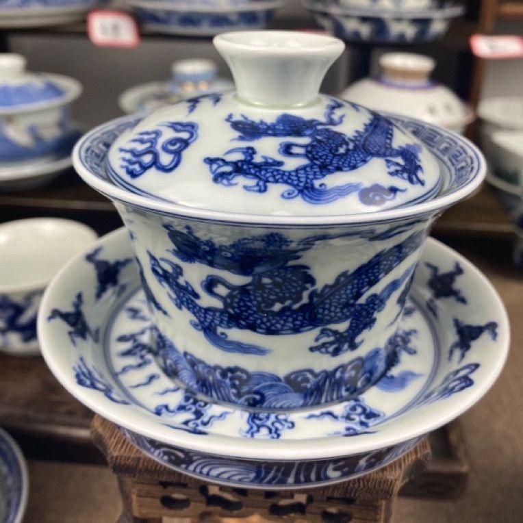 景徳鎮 陶磁器 青花龍紋馬蹄三才蓋碗 茶碗 中国茶器 煎茶器 新品