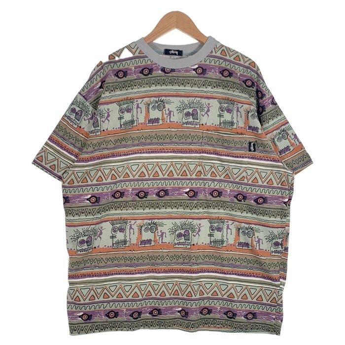 80 s STUSSY ステューシー オーバープリント ボーダーポケットTシャツ 総柄 マルチ 黒タグ Size L