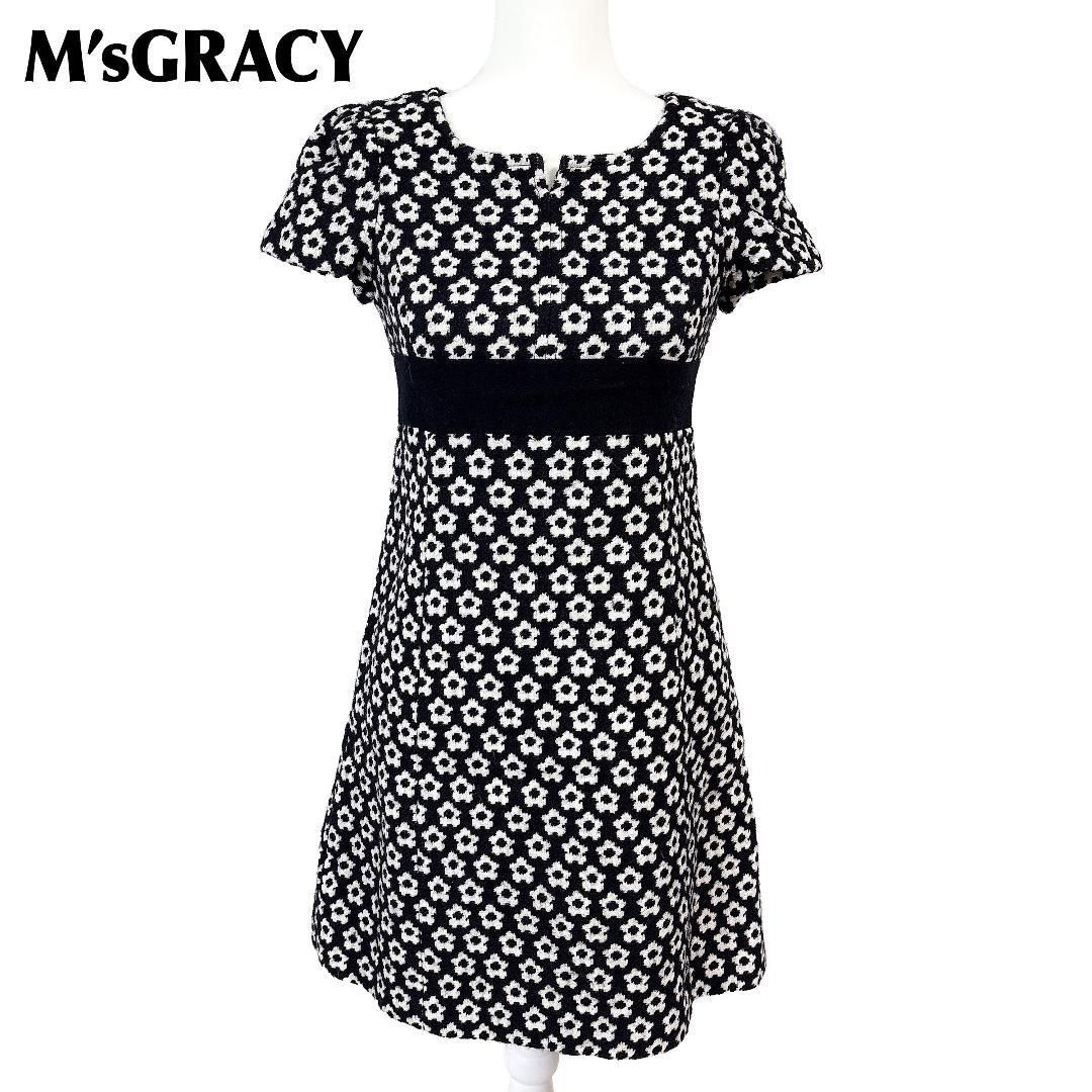 M sGRACY Aラインウール半袖ワンピース 36 黒×白 花柄
