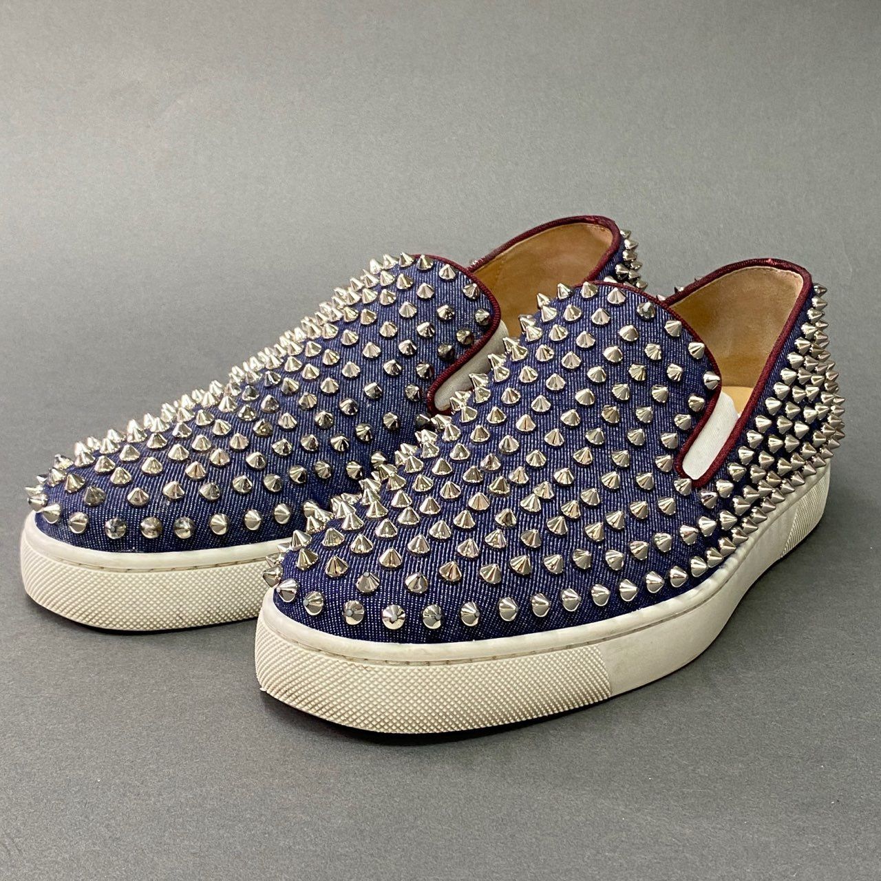 7l20 Christian Louboutin クリスチャンルブタン ローラーボート スパイク スリッポン スニーカー 41 1/2 ネイビー レザー イタリア製 シューズ ロックスタッズ