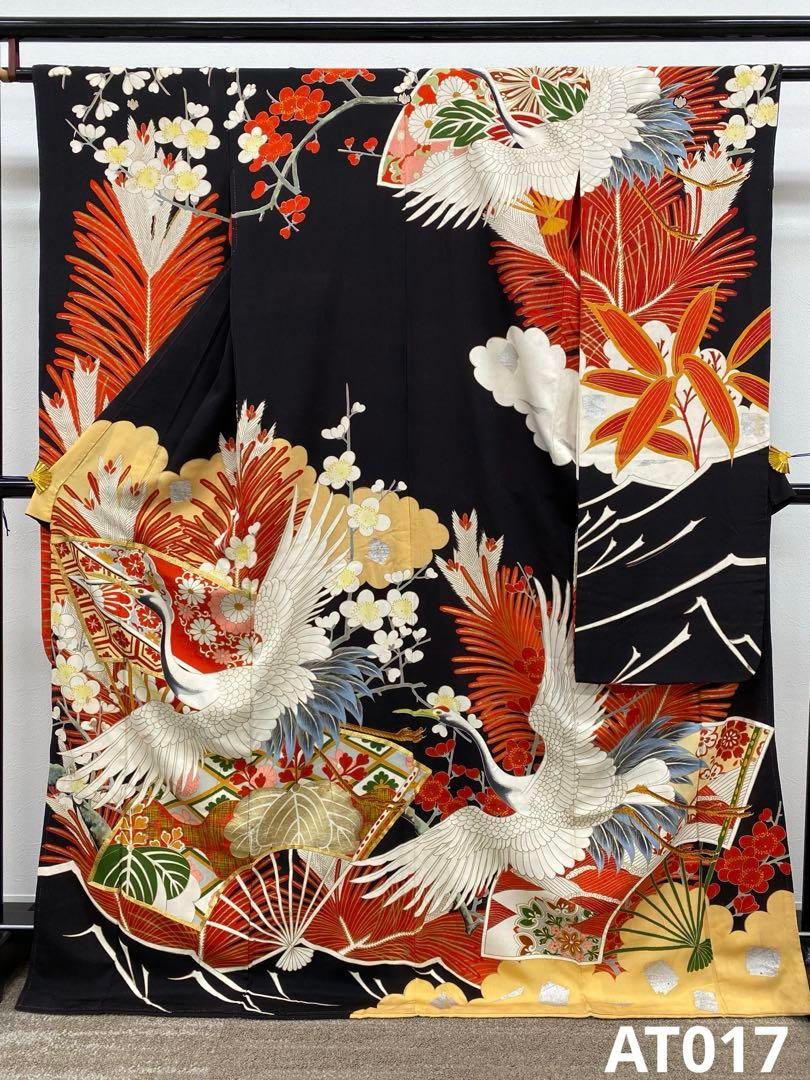 アンティーク 振袖 金駒 金彩 銀彩 相良刺繍 鶴 正絹 身丈169cm 紋付