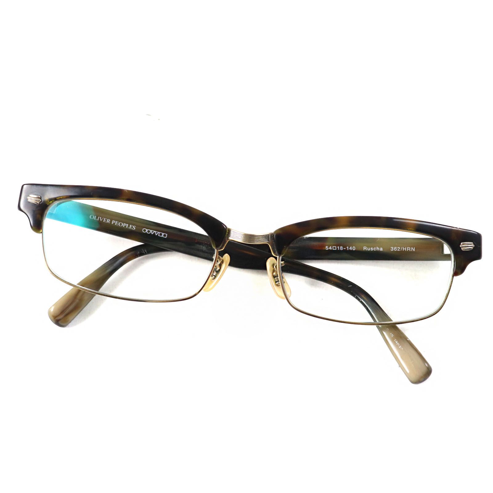 ○OLIVER PEOPLES オリバーピープルズ Ruscha レクタングルシェイプ ハーフリム 飾り鋲 サーモントフレーム メガネ 眼鏡 アイウェア ブラウン系 べっ甲柄 54□18-140 度入り ケース付き メンズ