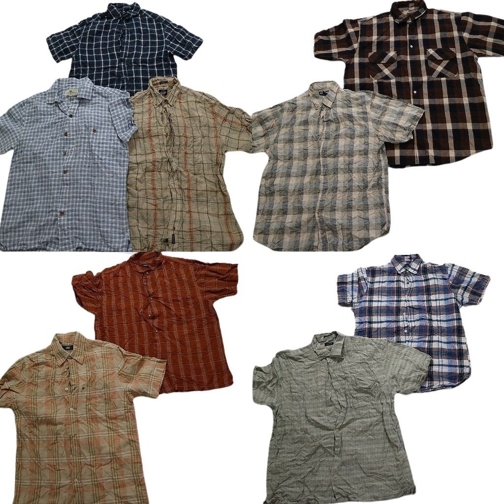 古着卸 まとめ売り チェック柄 リネンMIX 半袖シャツ 9枚セット (メンズ S /M /L ) 開襟 アースカラー ブルー オレンジ MU5812