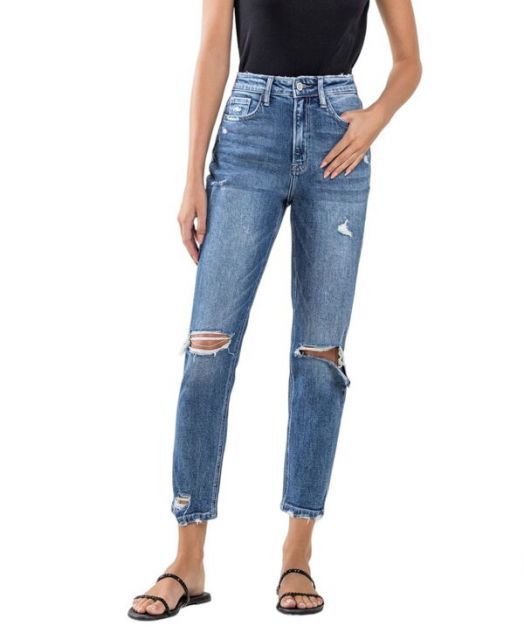 【送料無料】 フライングモンキー レディース デニムパンツ ジーンズ ボトムス Women's Super High Rise Distressed Mom Jeans Last night