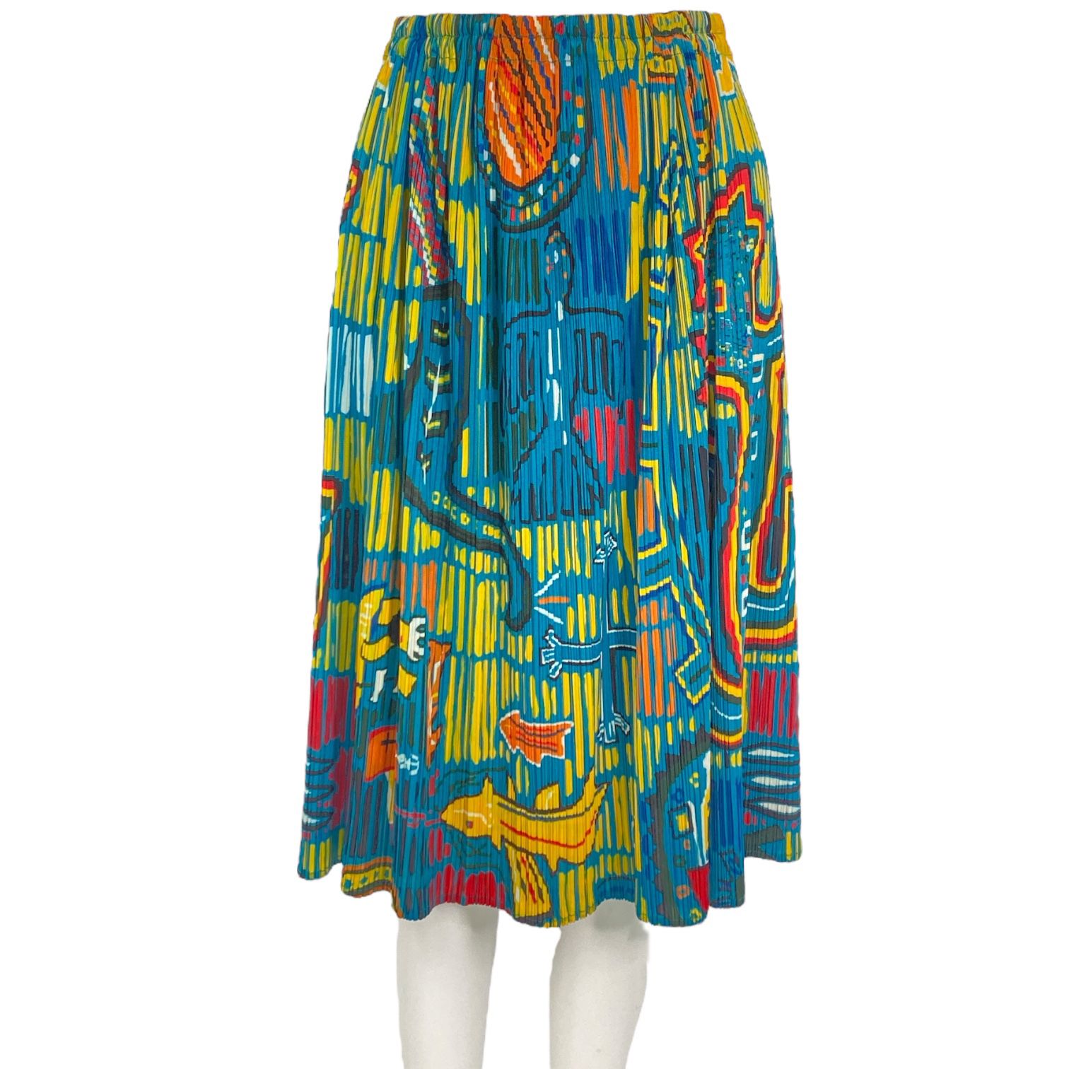 ISSEY MIYAKE イッセイミヤケ PLEATS PLEASE プリーツプリーズ スカート アニマル エスニック 壁画プリント マルチカラー サイズ3
