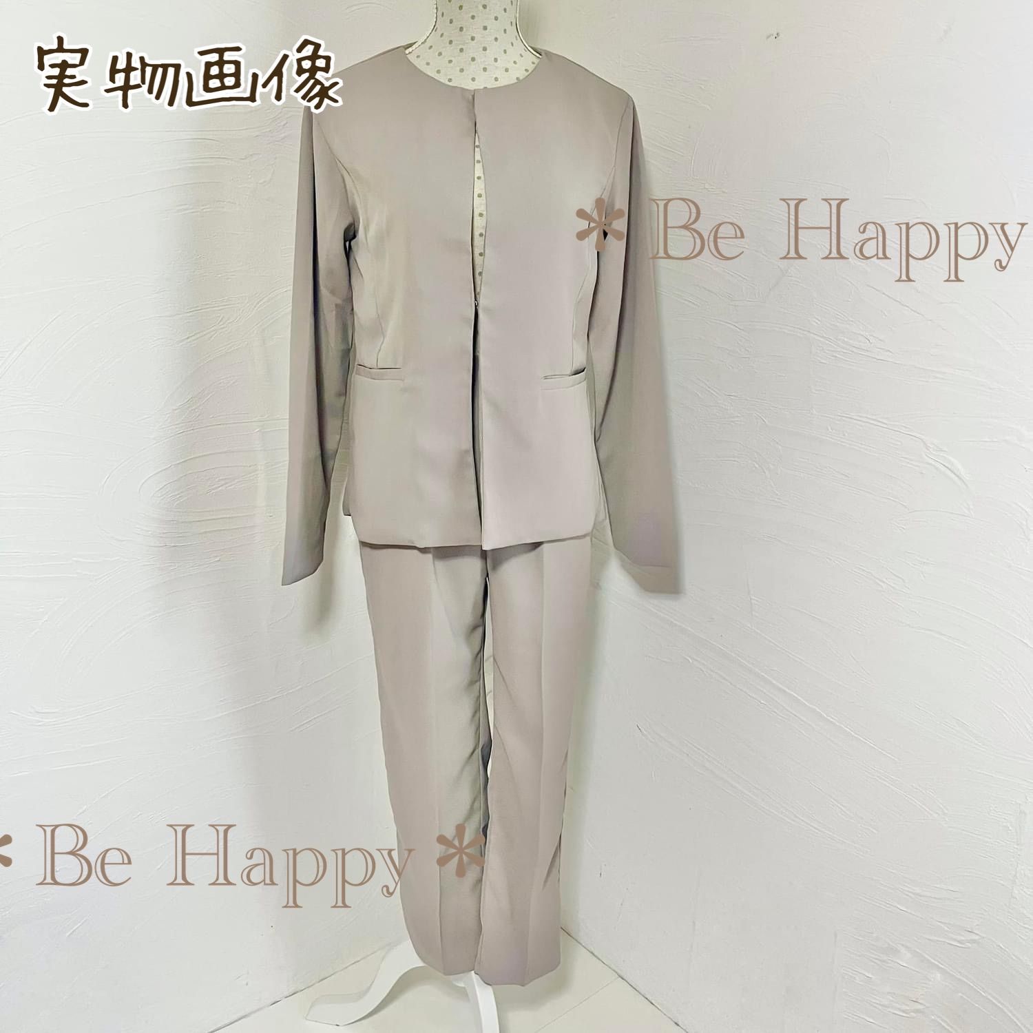 新品】ノーカラー パンツスーツ レディース グレーベージュ 海外製品