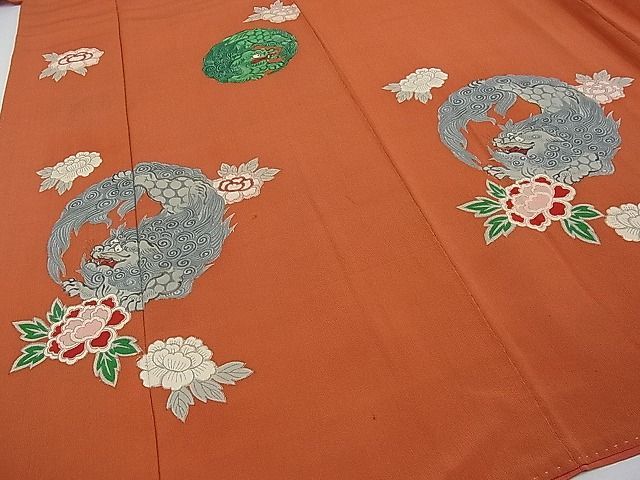 平和屋本店■極上　アンティーク　大正ロマン　振袖　手描き　唐獅子牡丹　金彩　逸品　CYAA0100s4 平和屋本店□極上 アンティーク 大正ロマン 振袖 手描き 唐獅子牡丹