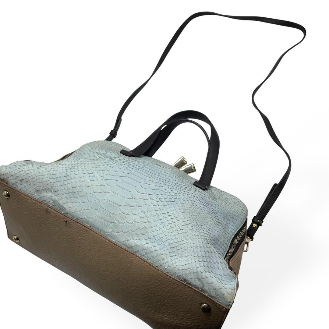 美品 FURLA 2way ハンドバッグ パイソン ブルー ベージュ 斜