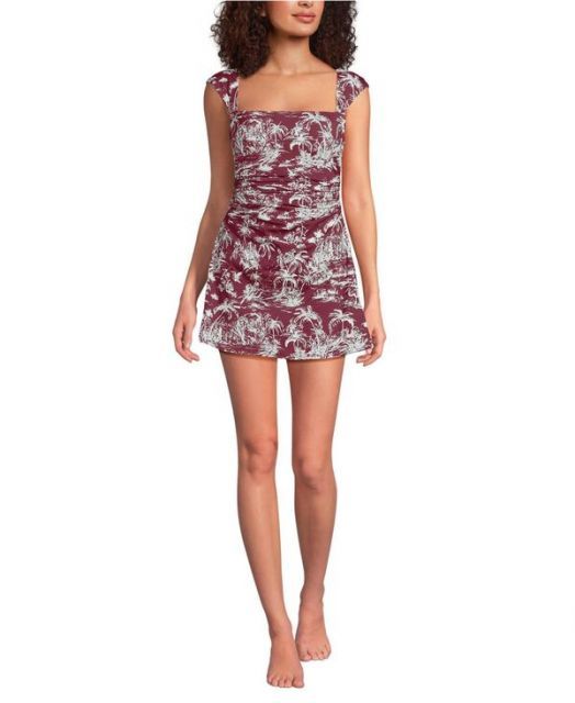 送料無料 ランズエンド レディース ワンピース トップス Women s Smoothing Square Neck Ruched Swim Dress Swimsuit Burgundy island scenic